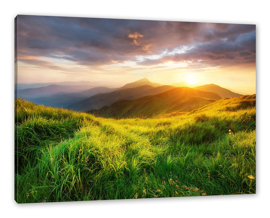 Pixxprint Sommerliche Bergwiese Sonnenuntergang, Leinwandbild