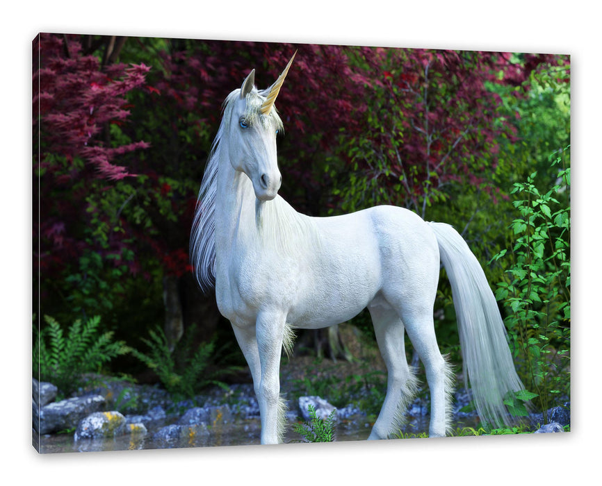 Pixxprint Majestätisches Einhorn in Waldsee, Leinwandbild