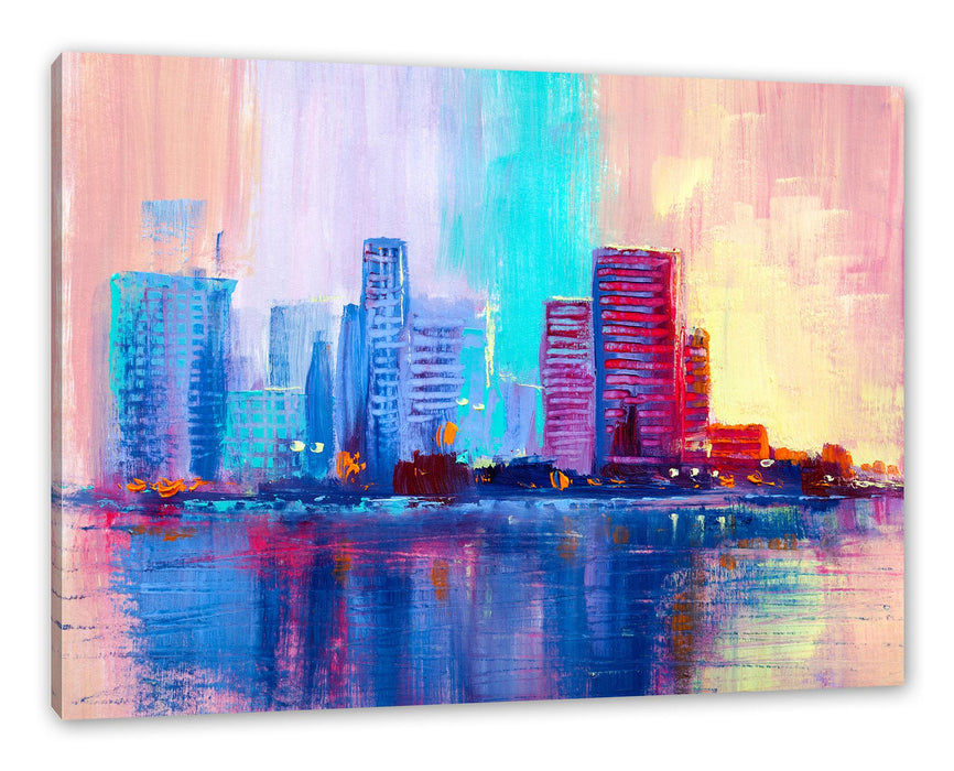Pixxprint Abstraktes Ölgemälde einer Skyline, Leinwandbild