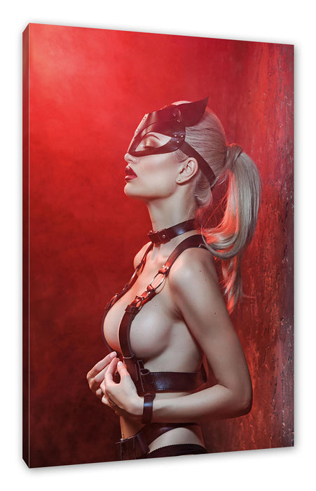 Pixxprint Sexy Blondine in Leder im Rotlicht, Leinwandbild