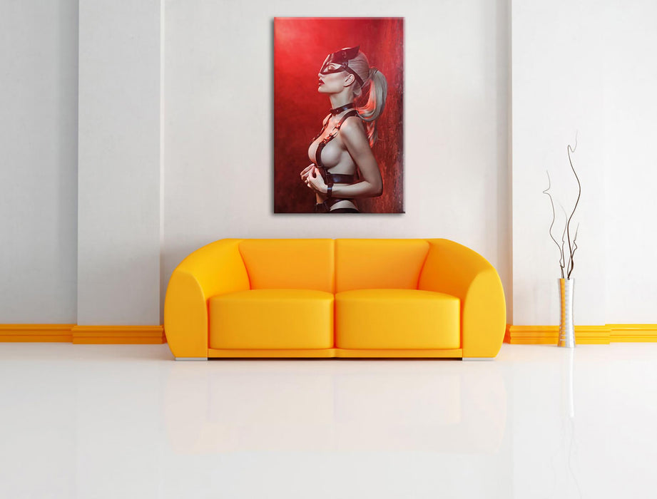 Sexy Blondine in Leder im Rotlicht Leinwanbild Wohnzimmer Rechteckig