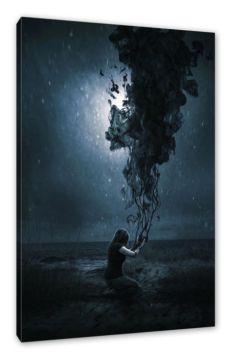 Pixxprint Kniende Frau mit dunklen Dämonen, Leinwandbild