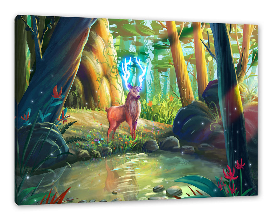 Pixxprint Märchenhafter Hirsch an buntem Waldsee, Leinwandbild