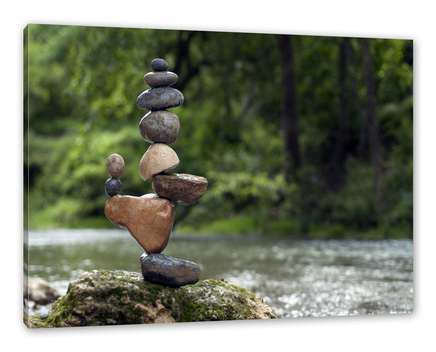 Pixxprint Balanciertes Steinkunstwerk am Fluss, Leinwandbild