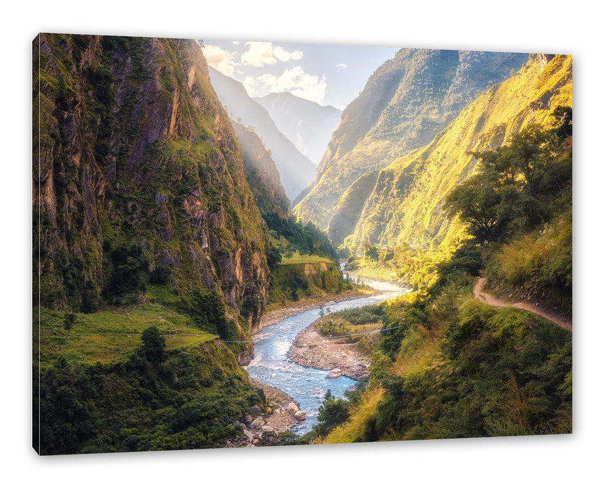 Pixxprint Fluss schlängelt sich durch Bergtal, Leinwandbild