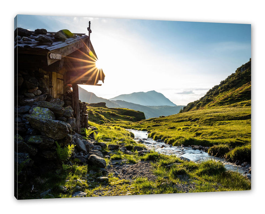 Pixxprint Almhütte am Bach bei Sonnenuntergang, Leinwandbild