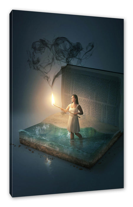 Pixxprint Frau mit Fackel steigt aus Buch, Leinwandbild