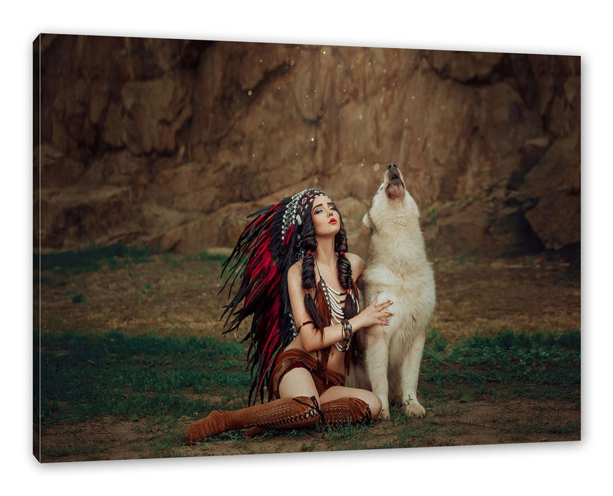Pixxprint Indianische Frau und heulender Wolfshund, Leinwandbild