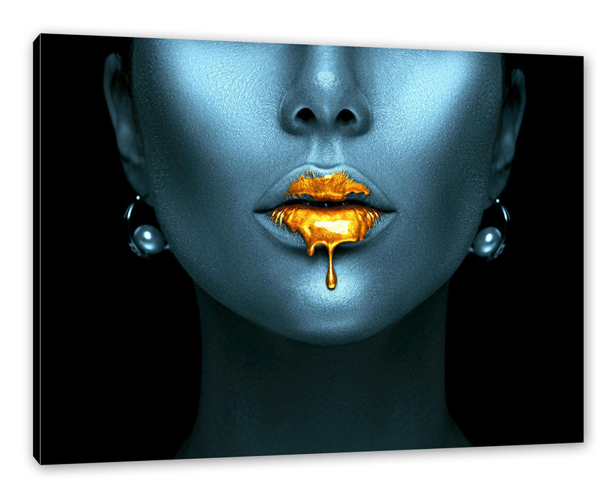 Pixxprint Frauenmund mit goldenem Gloss, Leinwandbild