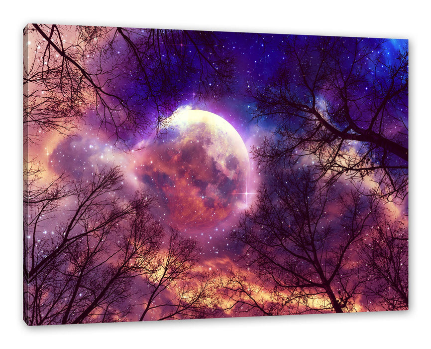 Pixxprint Farbenvolle Sternennacht bei Vollmond, Leinwandbild