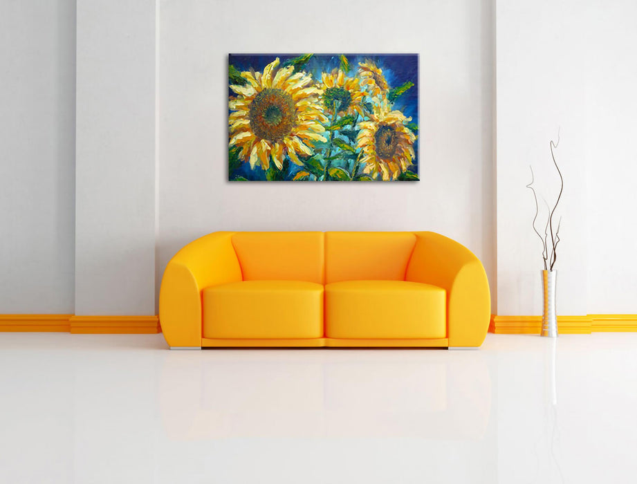 Sonnenblumen vor blauem Hintergrund Leinwanbild Wohnzimmer Rechteckig