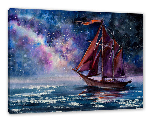 Rotes Segelboot in Sternenheller Nacht Leinwanbild Rechteckig