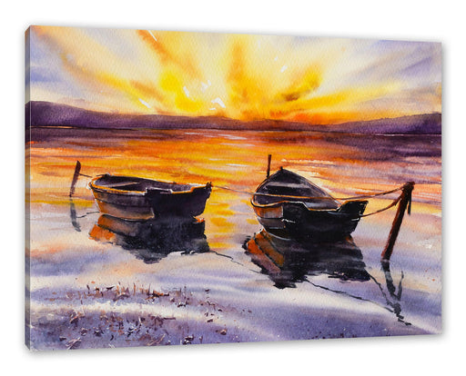 Zwei angeleinte Boote bei Sonnenuntergang Leinwanbild Rechteckig