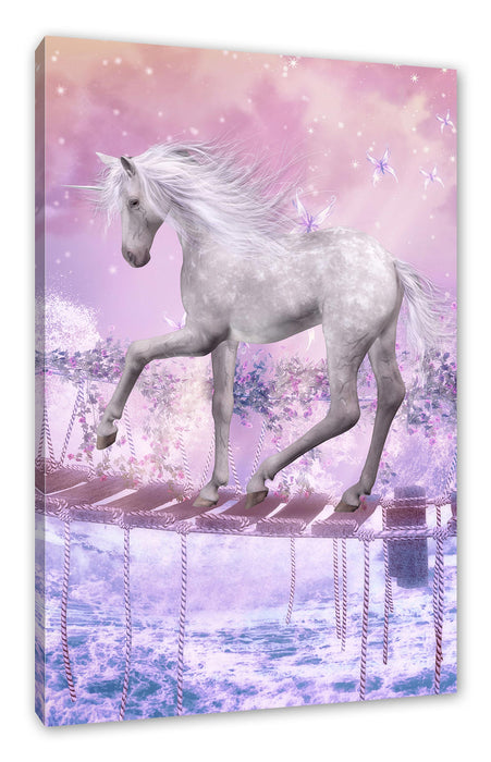 Pixxprint Einhorn läuft über Hängebrücke, Leinwandbild