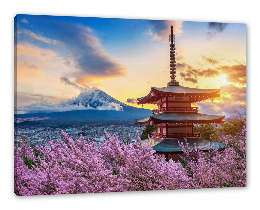 Pixxprint Japanischer Tempel zwischen Kirschblüten, Leinwandbild