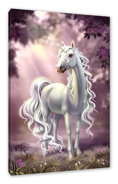 Pixxprint Pink äugiges Einhorn im rosa Märchenwald, Leinwandbild