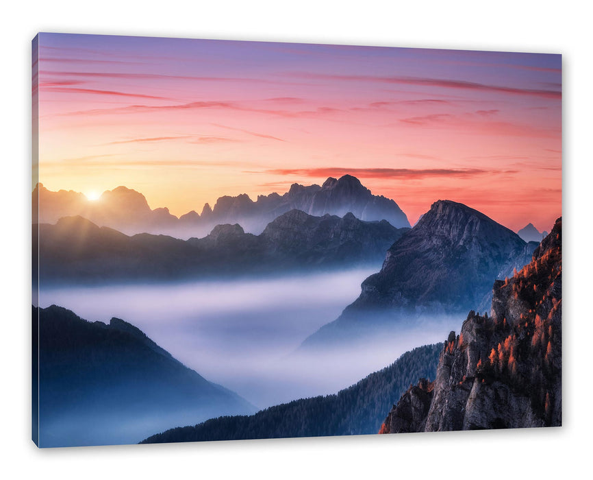 Pixxprint Vernebelte Berge bei Sonnenaufgang, Leinwandbild