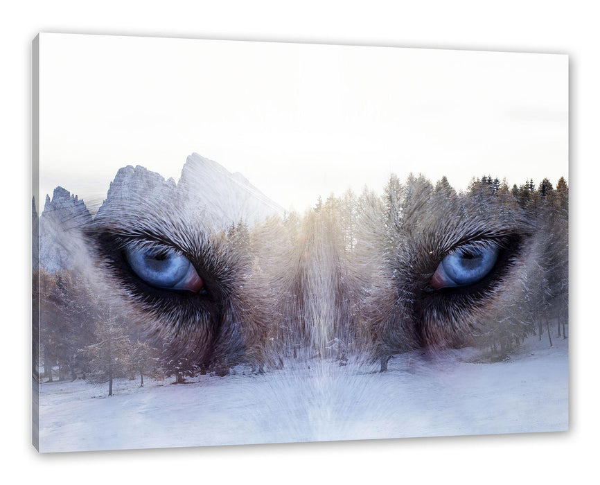 Pixxprint Overlay Wolfsaugen über Winterwald, Leinwandbild