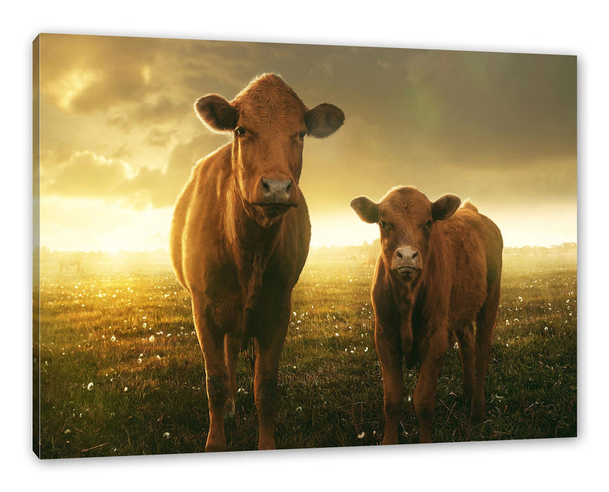 Pixxprint Kuh und Kalb im Sonnenuntergang auf Wiese, Leinwandbild