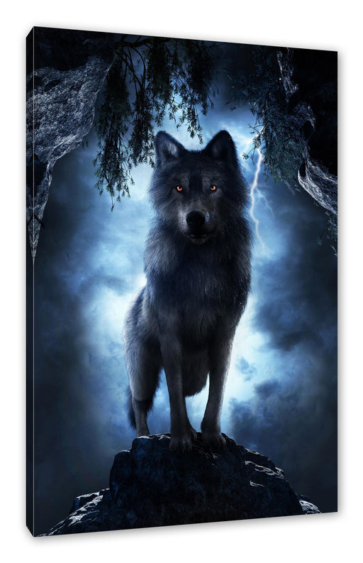 Böser Wolf bei Gewitter im Höhleneingang Leinwanbild Rechteckig