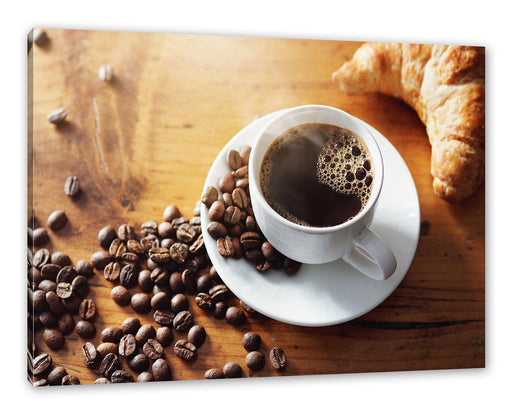Tasse Kaffee mit Bohnen und Croissant Leinwanbild Rechteckig