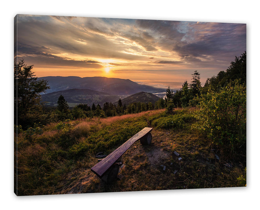 Pixxprint Bank auf Berggipfel bei Sonnenuntergang, Leinwandbild