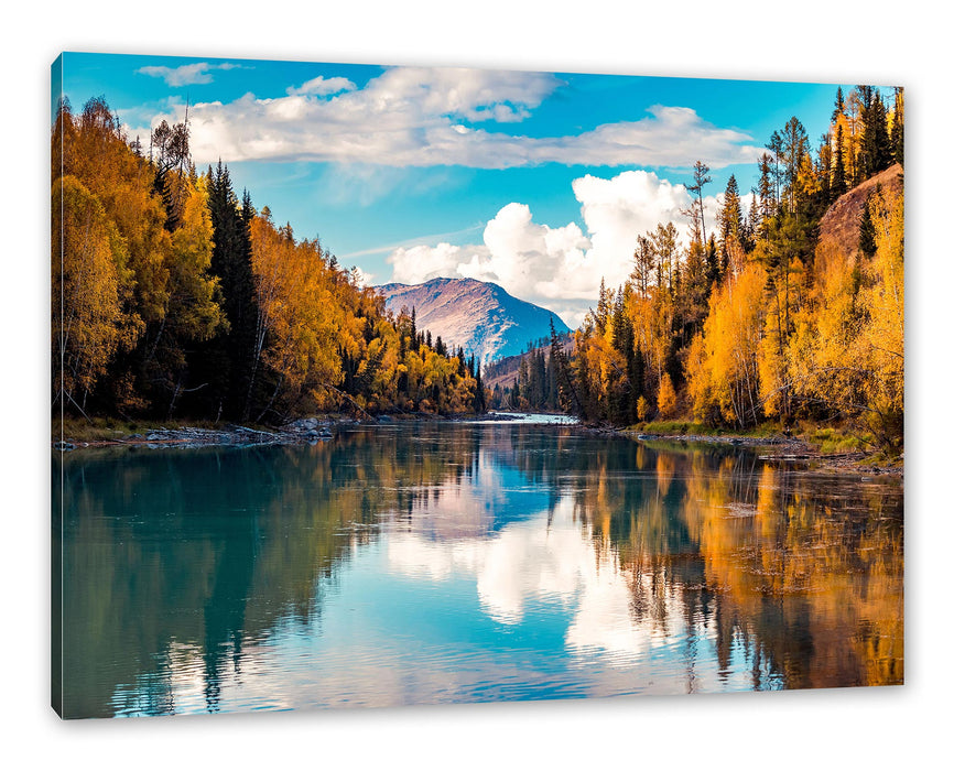 Pixxprint Bergsee mit Herbstwald, Leinwandbild