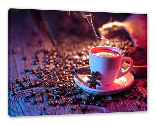 Kaffeetasse mit Bohnen auf Holztisch Leinwanbild Rechteckig