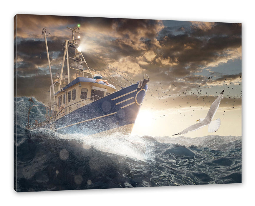 Fischerboot im Sturm auf hoher See Leinwanbild Rechteckig