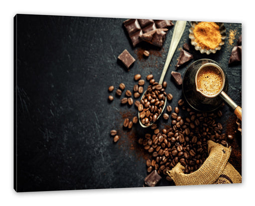 Kaffeebohnen und Schokolade von oben Leinwanbild Rechteckig