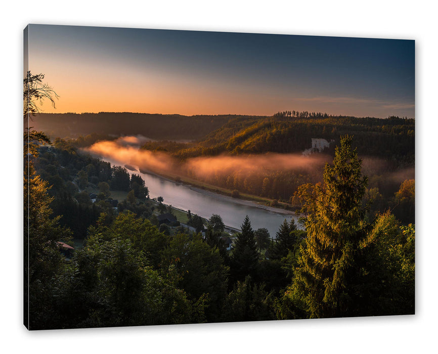 Pixxprint Nebel über Fluss in Waldlandschaft, Leinwandbild