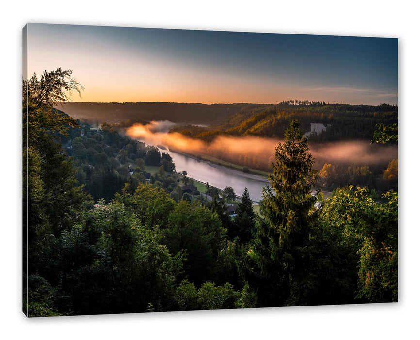 Pixxprint Nebel über Fluss bei Sonnenaufgang, Leinwandbild