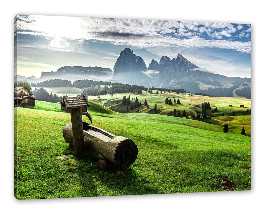 Pixxprint Wassertrog auf Wiese in den Dolomiten, Leinwandbild