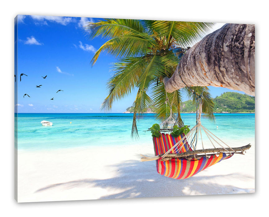 Pixxprint Bunte Hängematte am Traumstrand, Leinwandbild