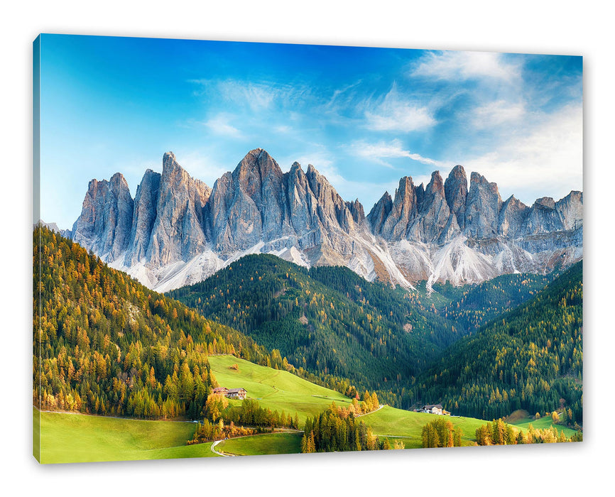 Pixxprint Bunte Waldlandschaft vor den Dolomiten, Leinwandbild