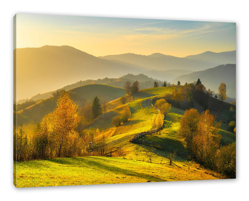 Pixxprint Hügelige Herbstlandschaft bei Sonnenuntergang, Leinwandbild