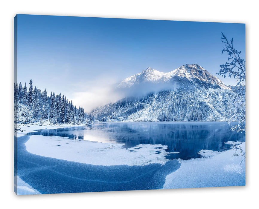 Pixxprint Winterlandschaft mit gefrorenem Bergsee, Leinwandbild