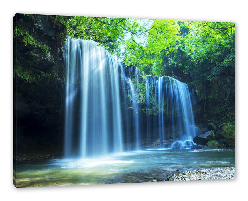 Pixxprint Tropischer Wasserfall im Wald, Leinwandbild