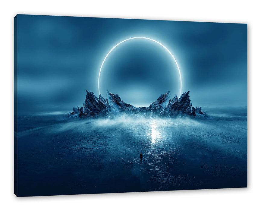 Pixxprint Abstrakter Mond hinter Felsformation, Leinwandbild