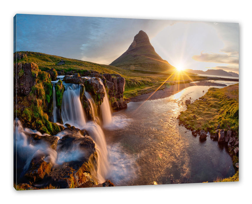 Pixxprint Wasserfall in Isalnd bei Sonnenuntergang, Leinwandbild