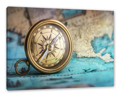 Alter Kompass auf Weltkarte Leinwanbild Rechteckig