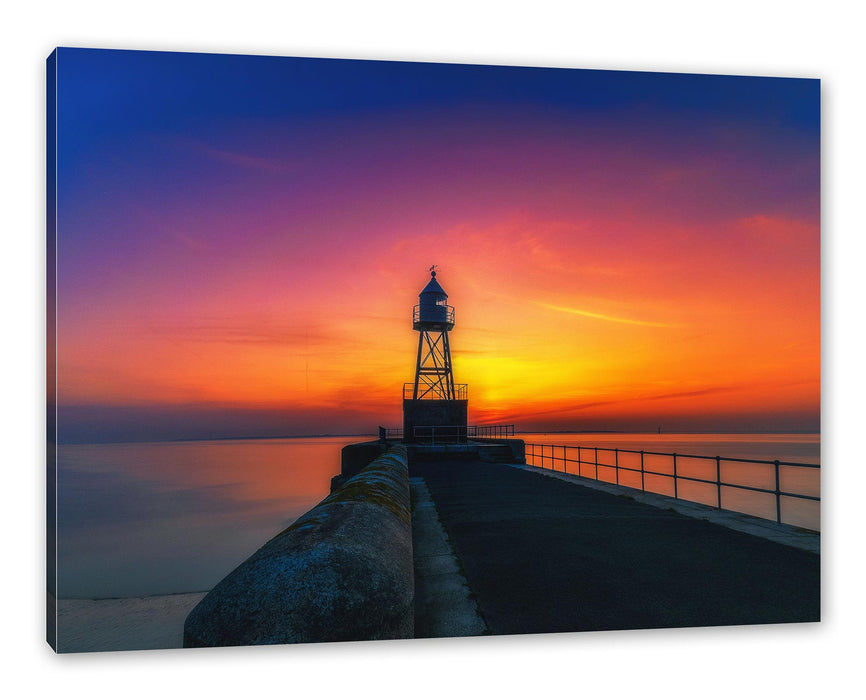 Pixxprint Leuchtturm am Steg bei Sonnenuntergang, Leinwandbild