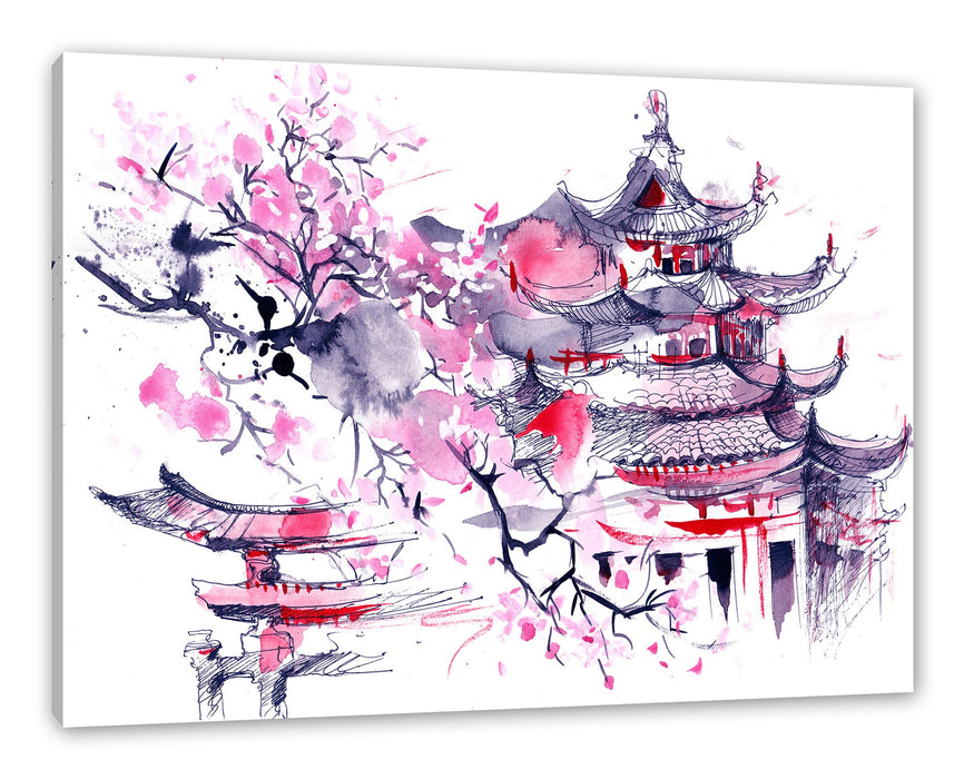Pixxprint Japanischer Tempel Wasserfarben, Leinwandbild