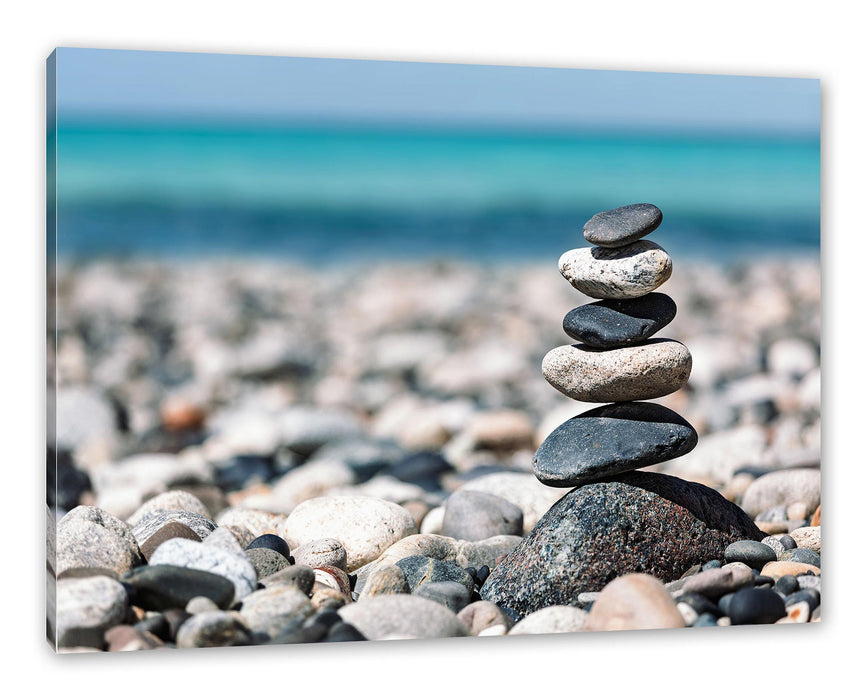 Pixxprint Steinpyramide am Kiesstrand, Leinwandbild