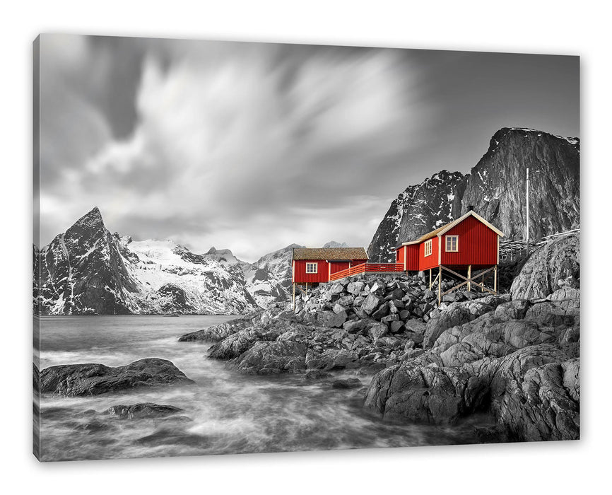 Pixxprint Einsames rotes Haus am Meer in Norwegen B&W Detail, Leinwandbild