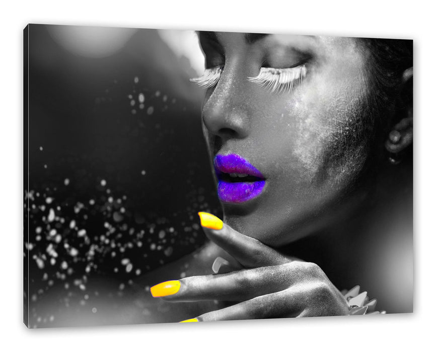 Pixxprint Frauengesicht bunte Neonlichter B&W Detail, Leinwandbild