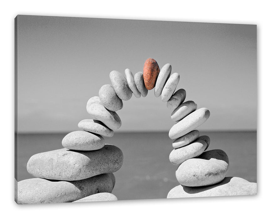 Pixxprint Brücke aus Zen Steinen am Meer B&W Detail, Leinwandbild