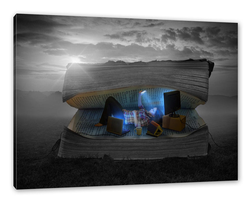 Pixxprint Frau in Buch bei Sonnenuntergang B&W Detail, Leinwandbild