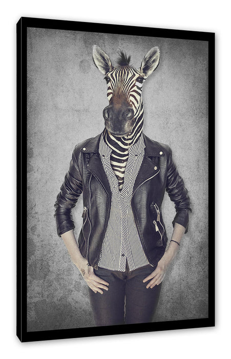Pixxprint Zebrakopf Menschenkörper mit Lederjacke B&W Detail, Leinwandbild