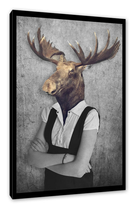 Pixxprint Elchkopf mit Menschenkörper B&W Detail, Leinwandbild